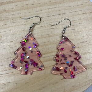 Pink Decorated Christmas Tree Dangle Drop Earrings‎ Festive Holiday Merry 1.5in